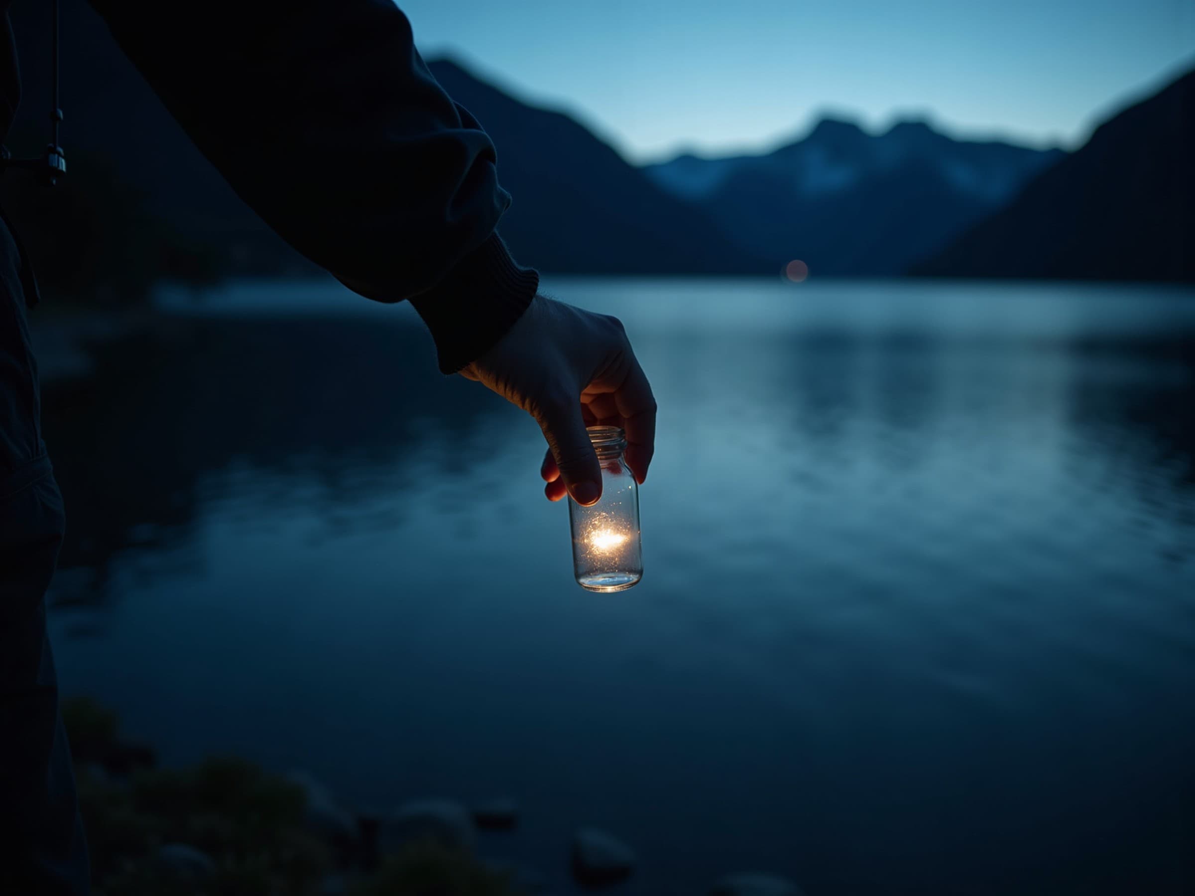 Probenahme am Bodensee bei Daemmerung — Hand mit Glas-Probenbehaelter ueber dunklem Seewasser